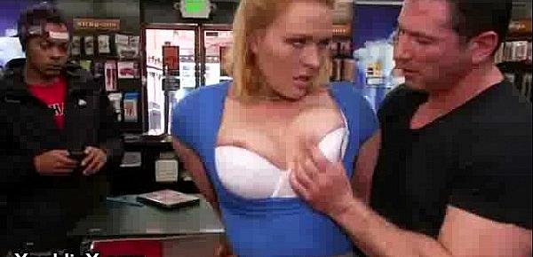  Busty bondage babe groped and fucked in public porn store full of strangers